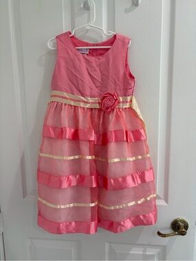 Ashley Ann Pink and Gold Tiered Flower Waistband Dress